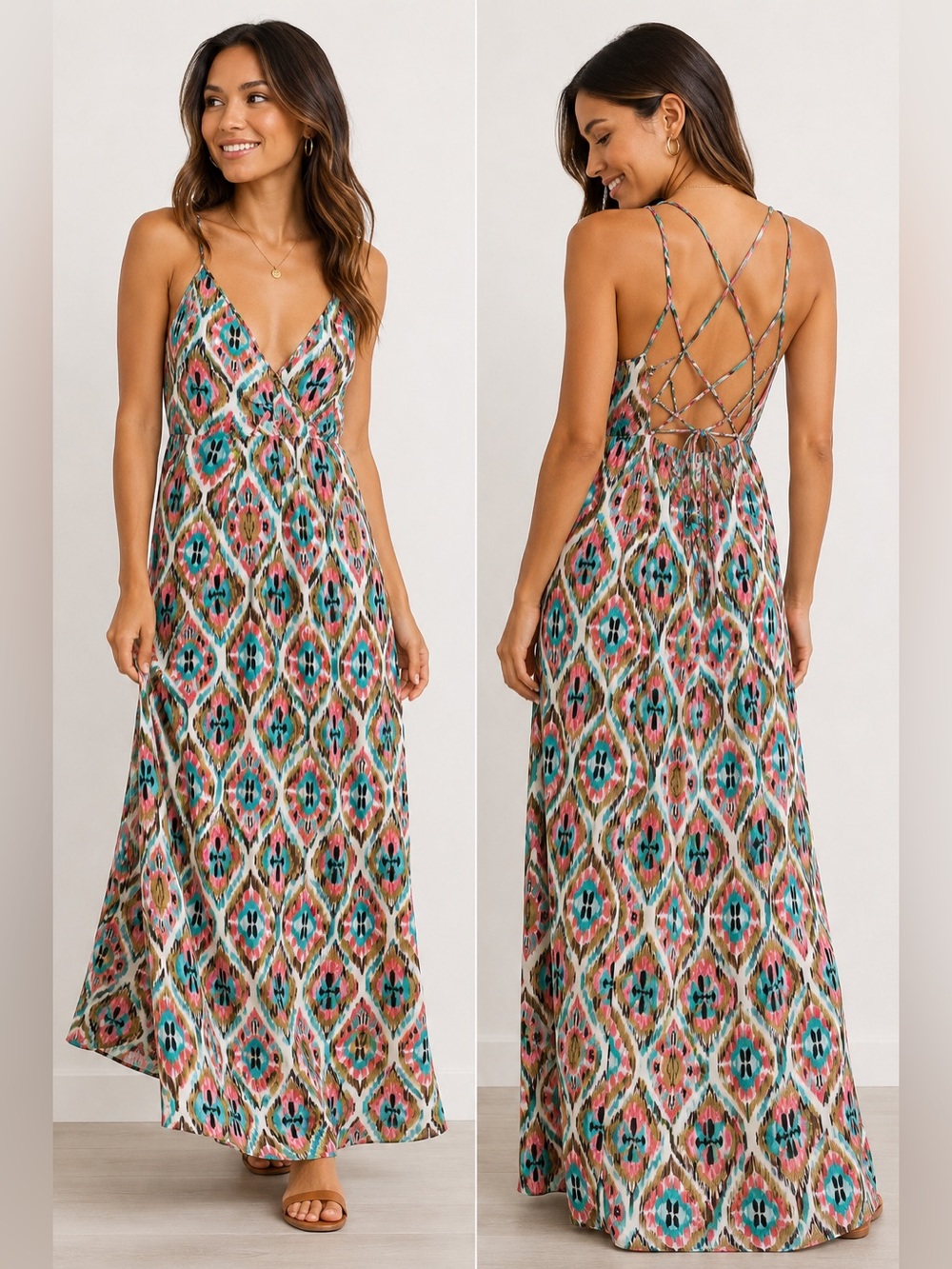 Lani Tropical Ikat Print Maxi Dress Strappy Open Back - Size M